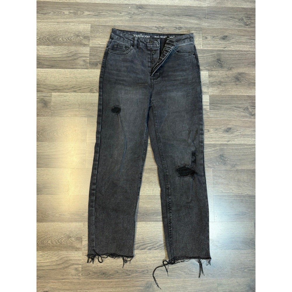 Vanilla Star Real Cheeky Distressed High Rise Jeans Black W28/7 Button Fly Hems